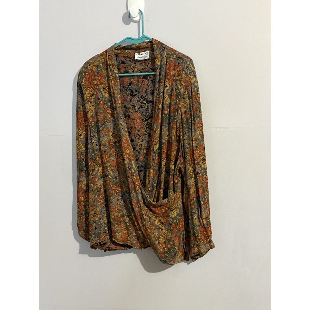 Vintage Gianni Sport Women's‎ Cottage Floral Cross Over Long Sleeve Blouse Sz XL